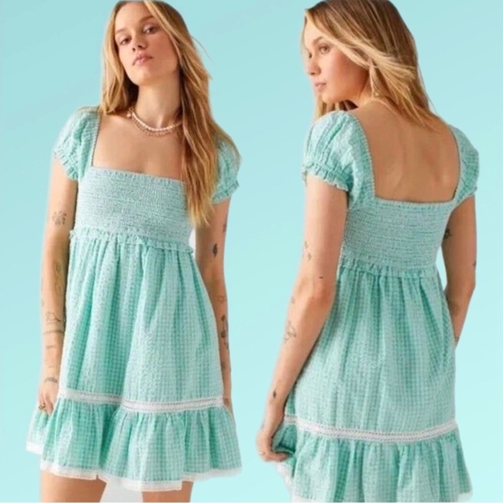 Urban Outfitters Marseille Gingham Mini Dress Green White Cottagecore Milkmaid M